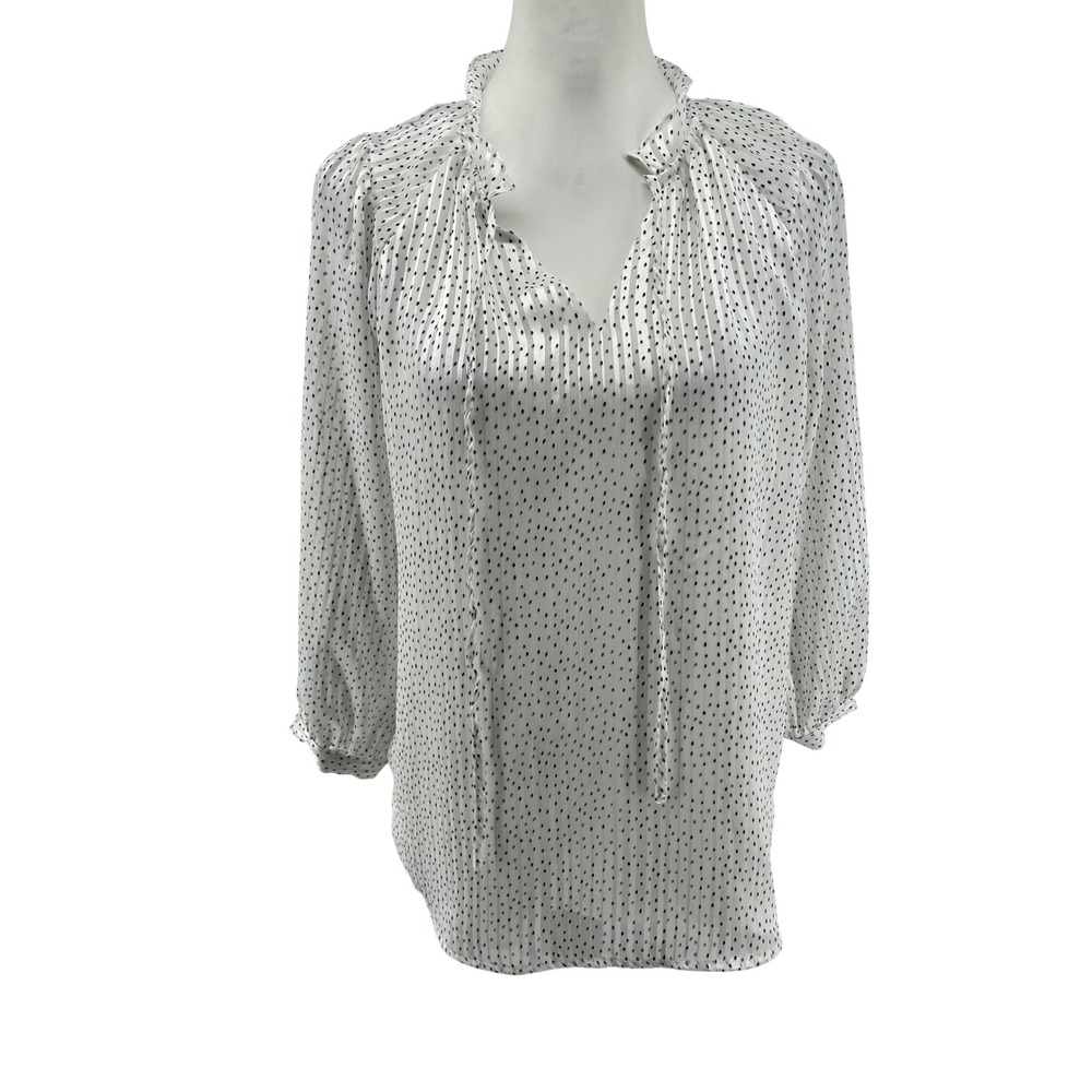 Vince Camuto Blouse Womens Small White Polka Dot Tie Neck Long Sleeve Top Office